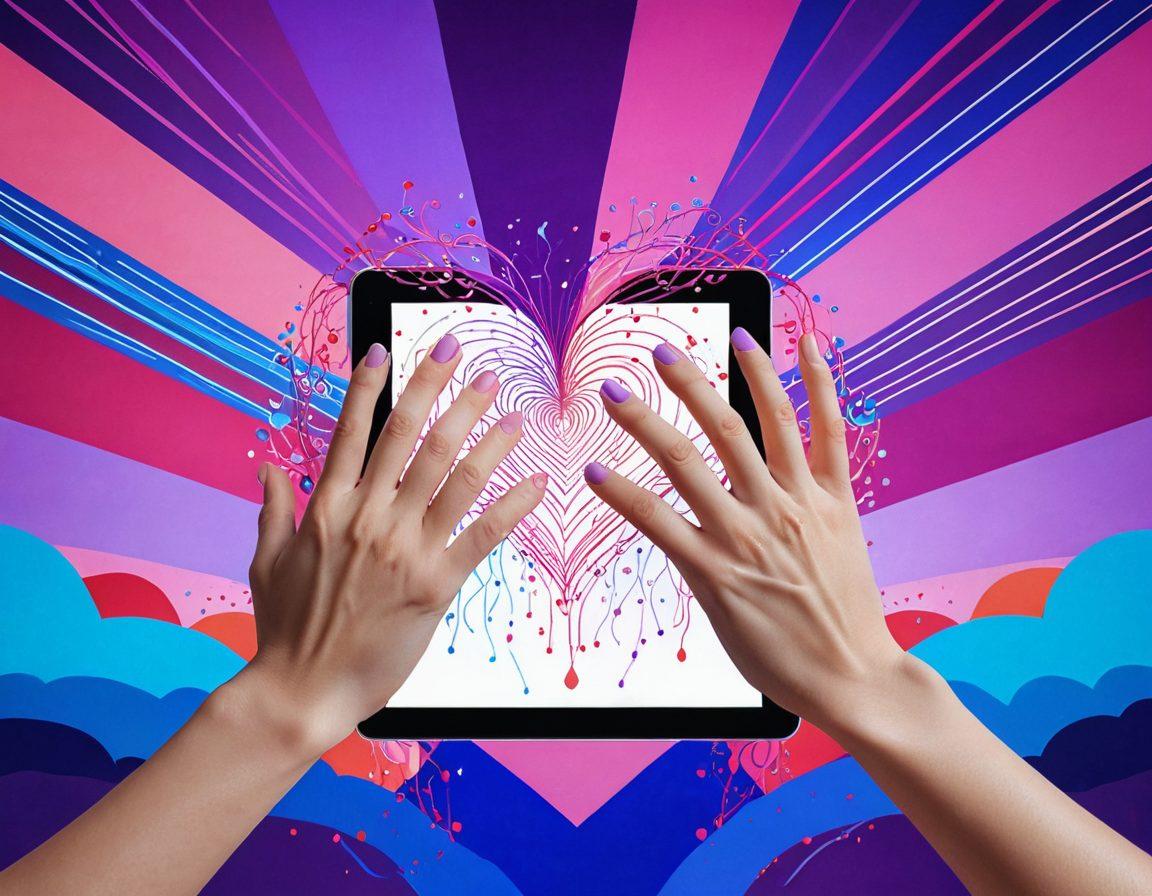 A vibrant, heartwarming digital artwork depicting two hands reaching towards each other through a colorful digital landscape filled with abstract hearts and interconnected lines symbolizing love and intimacy. The background features shades of pink, purple, and blue, representing warmth and cheerfulness. Include elements of digital art tools, like a stylus and tablet, subtly in the foreground. This scene evokes a sense of connection and creativity. super-realistic. vibrant colors. abstract design.