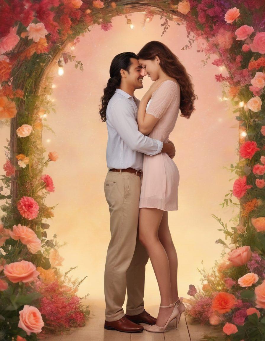 A whimsical, vibrant collage of sensual PNG images representing joyful connections in romantic relationships. Include diverse couples engaging in intimate gestures, surrounded by elements of nature like blooming flowers and soft, twinkling lights. The color palette should be warm and inviting, evoking feelings of love and connection. Illustrate a sense of playfulness and warmth through gentle curves and bright hues. digital illustration. vibrant colors. romantic theme.